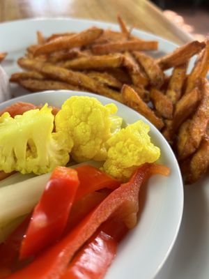 Pickled vegetables & sweet potato fries   at Follow Your Heart Market & Cafe in Canoga Park