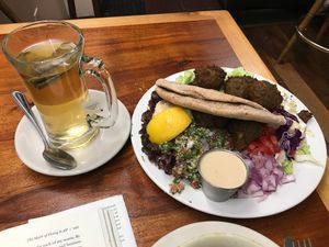 Mediterranean plate and green tea at Follow Your Heart Market & Cafe in Canoga Park