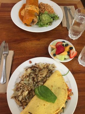 Vegan Omelet and burrito with FYH vegan egg at Follow Your Heart Market & Cafe in Canoga Park