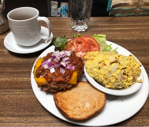 Special of the day, chili cheeseburger with potato salad. at Follow Your Heart Market & Cafe in Canoga Park