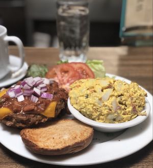 Special of the day, chili cheeseburger with potato salad. at Follow Your Heart Market & Cafe in Canoga Park