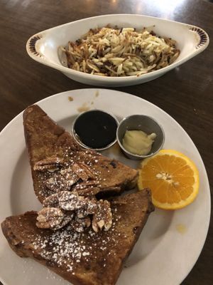 French toast and side of hash browns at Follow Your Heart Market & Cafe in Canoga Park