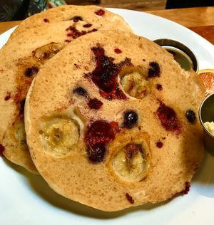 Rocket Cakes with bananas, raspberries, blueberries, vegan butter. at Follow Your Heart Market & Cafe in Canoga Park