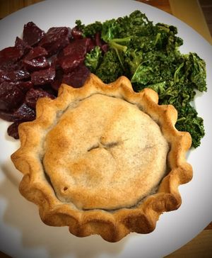 Vegan Pot Pie with steamed beets, sautéed garlicky kale. Delicious! at Follow Your Heart Market & Cafe in Canoga Park