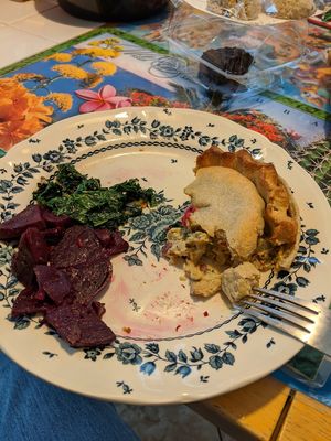 Leftovers- chicken pot pie for breakfast at Follow Your Heart Market & Cafe in Canoga Park