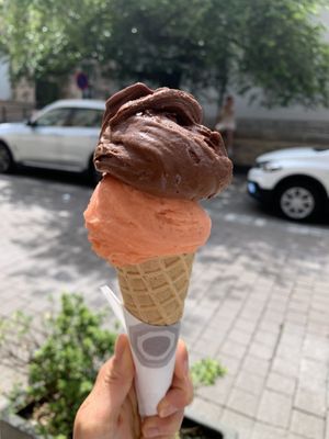 Vegan cone with seasonal fruits & dark chocolat sorbet ice.  at Bargello in Luxembourg City