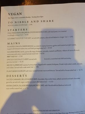 Vegan menu as of 24th October 2020 at The Brampton Mill in Huntingdon