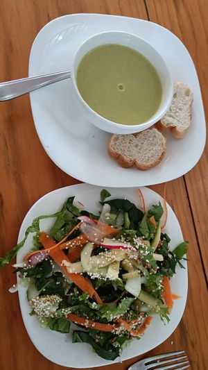 Crema de calabaza y ensalada at Pura vida in Tuxtla Gutierrez