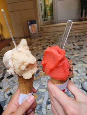 hazelnut, almond, strawberry and dark chocolate at Gelateria Gianni in Bologna