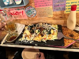 Vegan Okonomoyaki with vegan chesse at OKO Okonomiyaki in Osaka