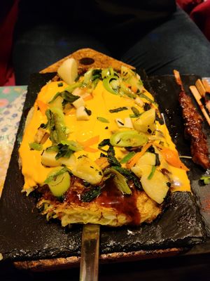 Okonomiyaki & Vegan gyoza. at OKO Okonomiyaki in Osaka