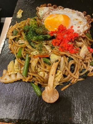 Yaki soba with fried egg at OKO Okonomiyaki in Osaka