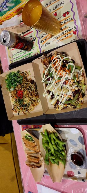 yakisoba, okonomiyaki, gyoza, edamame at OKO Okonomiyaki in Osaka