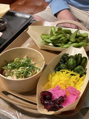 Kimchi, pickles, edamame   at OKO Okonomiyaki in Osaka