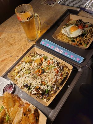 Vegan gyoza, vegan okonkmiyaki and asahi beer at OKO Okonomiyaki in Osaka
