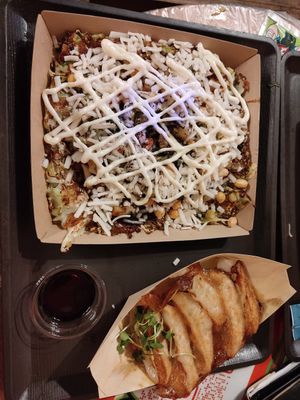 Vegan Okonomiyaki and vegan gyozas at OKO Okonomiyaki in Osaka