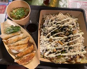 Gyozas, Kimchi and Okonomiyaki. All vegan.  at OKO Okonomiyaki in Osaka