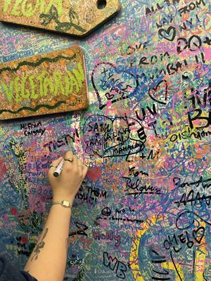 Inside the building you can draw on the walls!  at OKO Okonomiyaki in Osaka