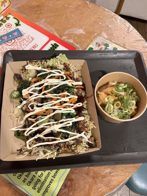 Okonomyaki with chosen toppings and kimchi  at OKO Okonomiyaki in Osaka