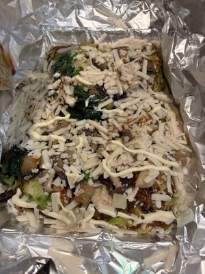 Okonomiyaki with vegan cheese at OKO Okonomiyaki in Osaka