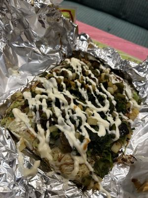 My HUGE okonomiyaki with green beans, asparagus, potato, spinach and eggplant   at OKO Okonomiyaki in Osaka