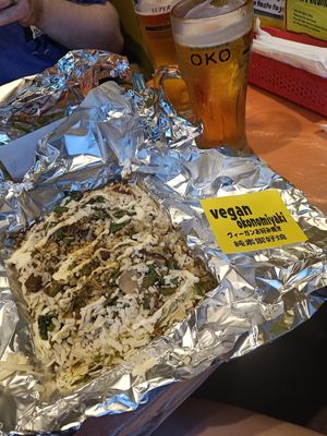 Vegan okonomiyaki with vegan cheese, mushroom, eggplant and green pepper at OKO Okonomiyaki in Osaka