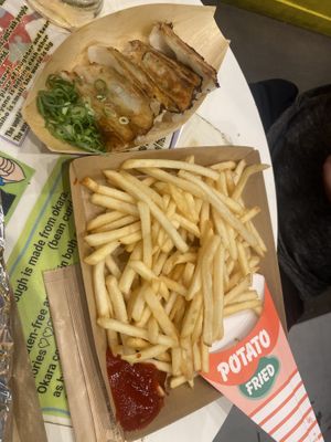 Fries and gyozas   at OKO Okonomiyaki in Osaka