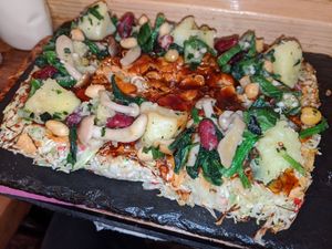 Vegan Okonomiyaki: Potatoes, mushrooms, mixed beans, spinach, oskra at OKO Okonomiyaki in Osaka