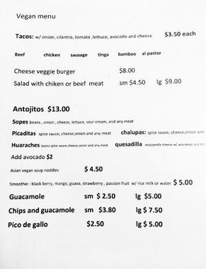 Vegan Menu at La Taquiza Loca in Passaic