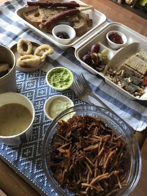 Fideua, calamari, cheese at CactusCat Bar in Barcelona