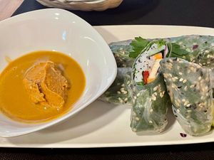 Spring roll with peanut and Diablo sauce, amazing! at CactusCat Bar in Barcelona