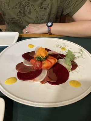 Carpaccio: beets and jamón  at CactusCat Bar in Barcelona