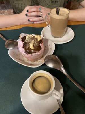 Chocolate cake with coffee at CactusCat Bar in Barcelona