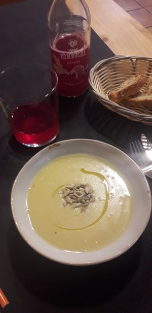 Amazing vegetables and potatoes soup and sesame aroma at CactusCat Bar in Barcelona