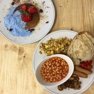 Full English breakfast and pancakes! at CactusCat Bar in Barcelona