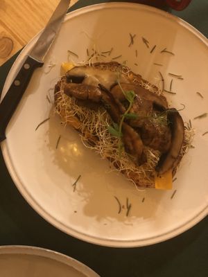 Mushroom and eggplant crostini  at CactusCat Bar in Barcelona