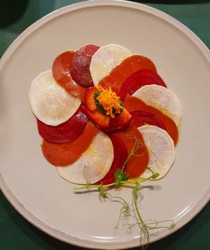 Carpaccio with beetroot, radish and ham! at CactusCat Bar in Barcelona