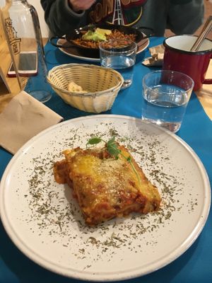 Lasagna and paella noodles   at CactusCat Bar in Barcelona