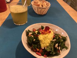 Green Salad and apple&mint juice  at CactusCat Bar in Barcelona