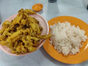 Fried mushrooms and rice at May Flower Restaurant in Tanah Rata