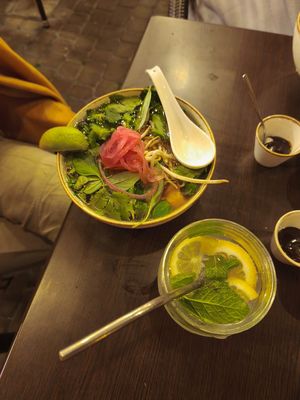 The vegan Pho soup with lemon lemonade at Aloha Poke in Lodz