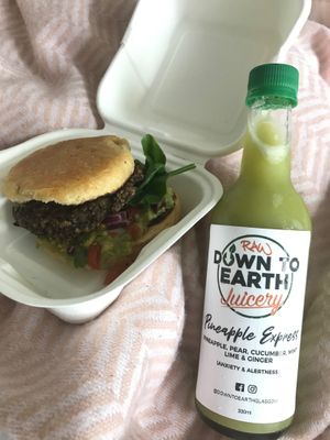 Vegan sausage and avo muffin. The salsa makes it! 
Also an amazingly good juice with pineapple and ginger at Down to Earth in Glasgow