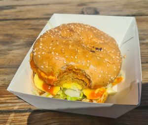 Spicy burger (photo doesn't do it justice) at Hello Rosie in Hamilton