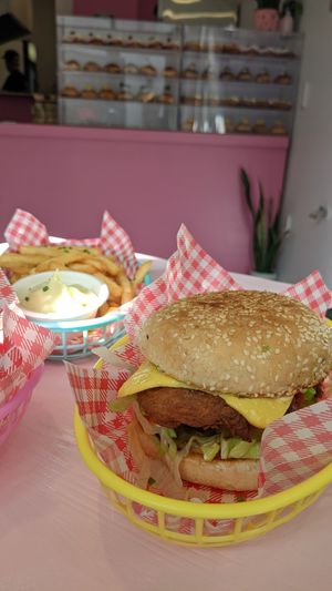 Buffalo chicken burger, plain chips and an incredibly garlicy aioli at Hello Rosie in Hamilton