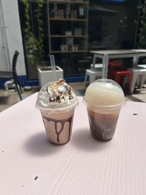 Peanut butter n chocolate shake (left) cola float (right)  at Hello Rosie in Hamilton