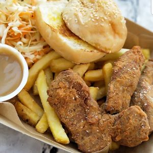 Dinner Box. Fried Seitan, Fries, Gravy, Coleslaw & Bread Roll at Hello Rosie in Hamilton
