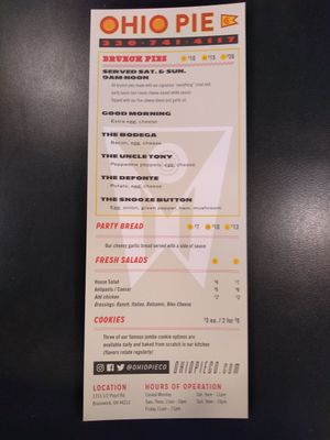 Menu at Ohio Pie in Brunswick