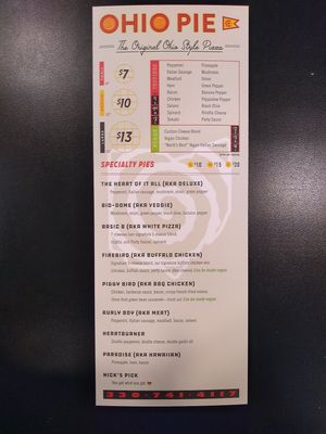 Menu at Ohio Pie in Brunswick