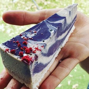 Raw Vegan Purple Bliss Cheezecake, Blackcurrant and White Chocolate.  Delicious creamy flavorful.  at Purple Cat in Taupo