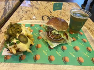 Babycue burger and chili cheesy fries  at Vedang - green burger | Mall of Berlin in Berlin